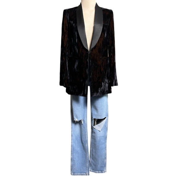 Alice+Olivia 2 Lola $550 Crushed Velvet Blazer Long Tuxedo Jacket Black Copper - Picture 3 of 13